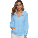 Women's soft fleece hoodie jacket with full zip and hood, light blue.