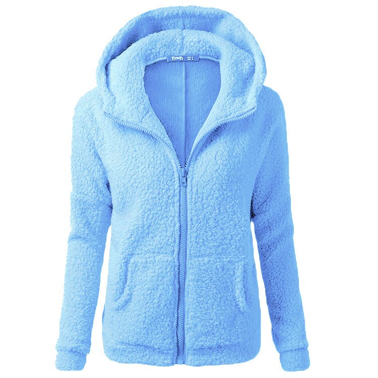 Blue hooded full-zip sherpa fleece jacket with zip-front closure
