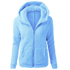 Blue hooded full-zip sherpa fleece jacket with zip-front closure