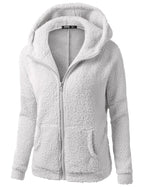 Soft fleece hooded zip jacket in white with full front zipper and hood