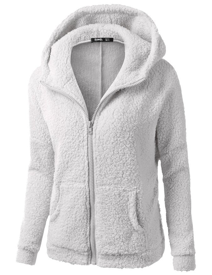 Soft fleece hooded zip jacket in white with full front zipper and hood