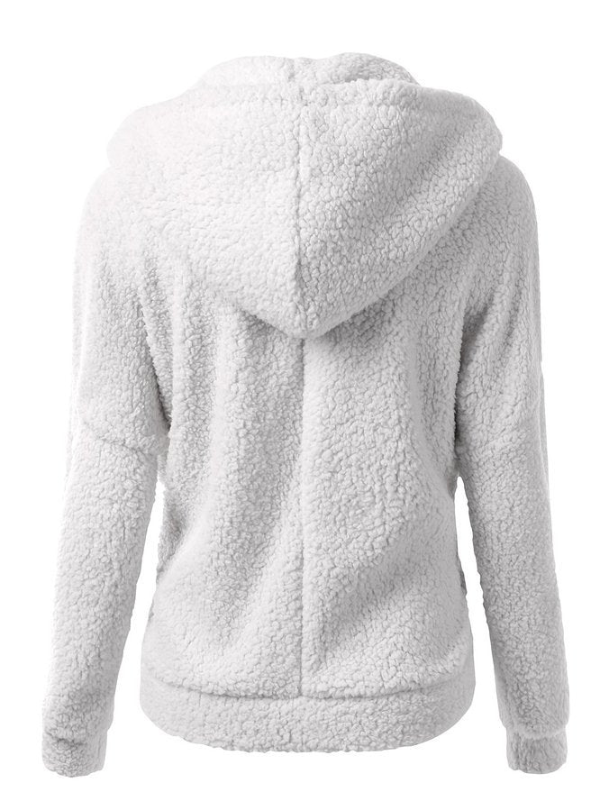 Soft fleece hooded zip jacket in light gray, back view with hood and seam details