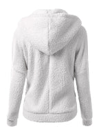 Soft fleece hooded zip jacket in light gray, back view with hood and seam details