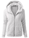 Light gray hooded full-zip sherpa fleece jacket with stand collar