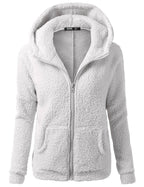 Light gray hooded full-zip sherpa fleece jacket with stand collar