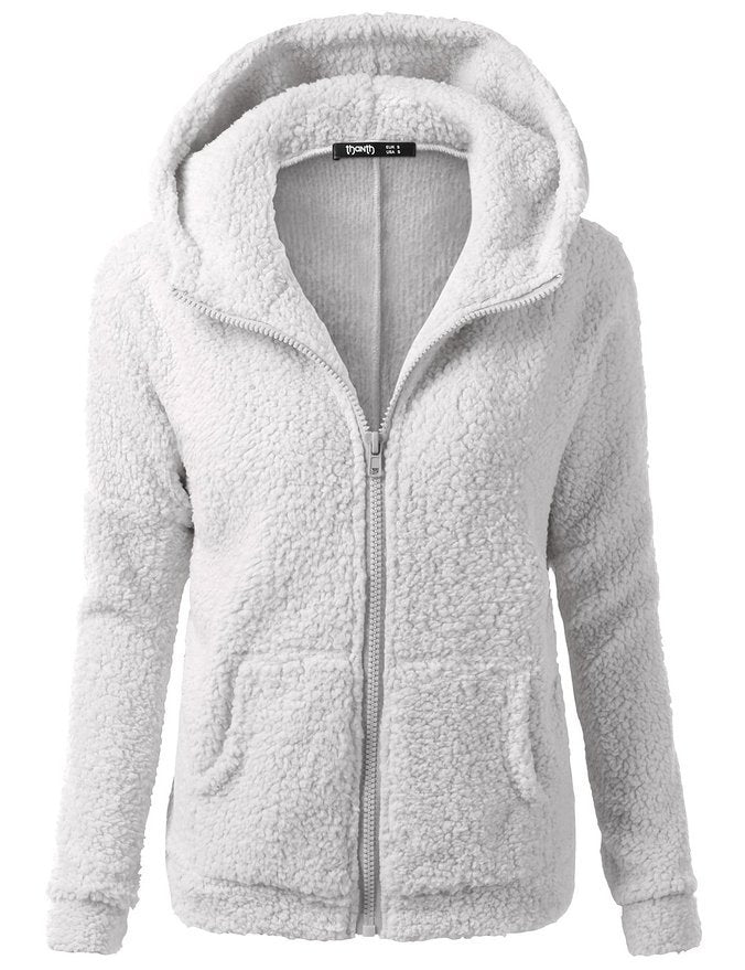 Light gray hooded full-zip sherpa fleece jacket with stand collar