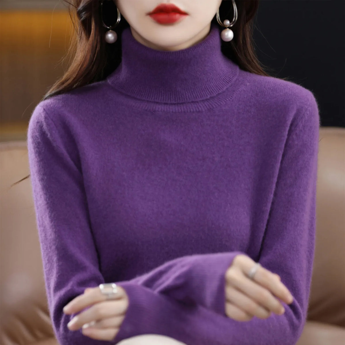 Women's soft knit turtleneck sweater with long sleeves, ribbed collar, deep purple