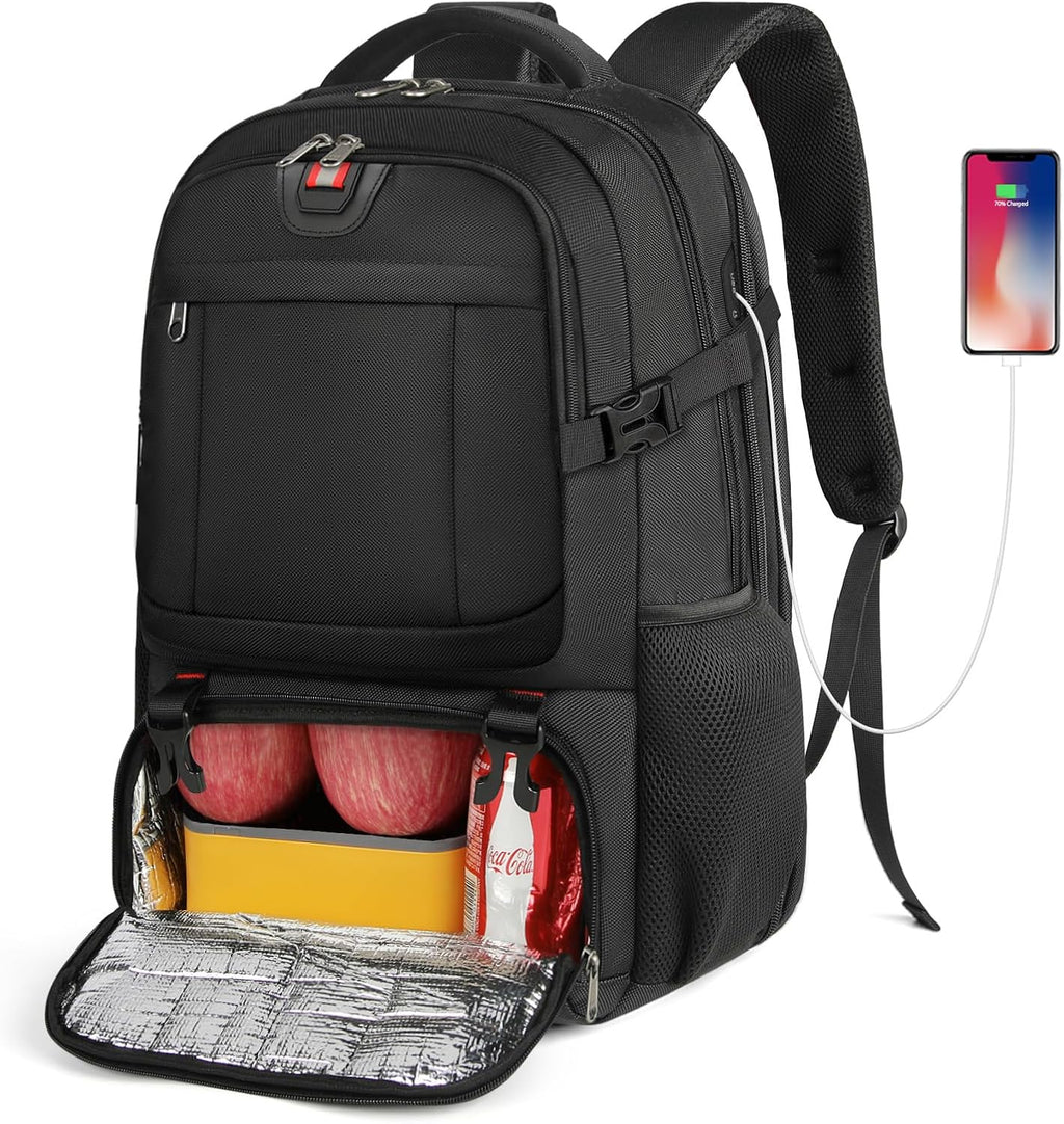 Black backpack front view with open insulated lunch pocket and USB charging cable port