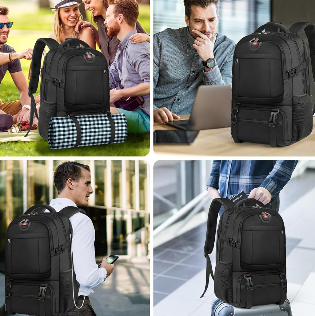Black backpack worn by a person, front zip pockets and padded shoulder straps