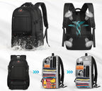 Black travel backpack with waterproof fabric and ventilated back panel with mesh