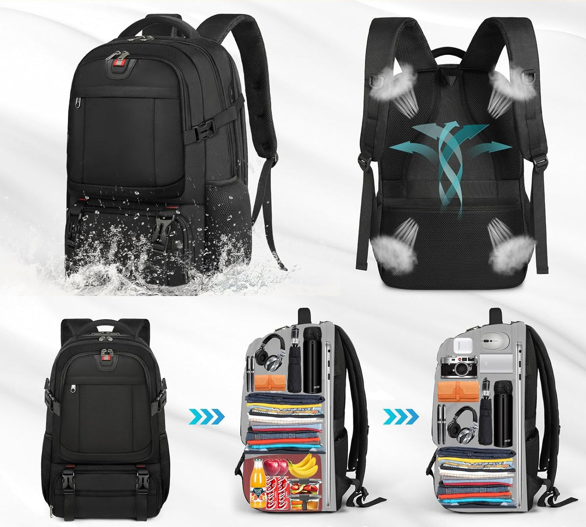 Black travel backpack with waterproof fabric and ventilated back panel with mesh