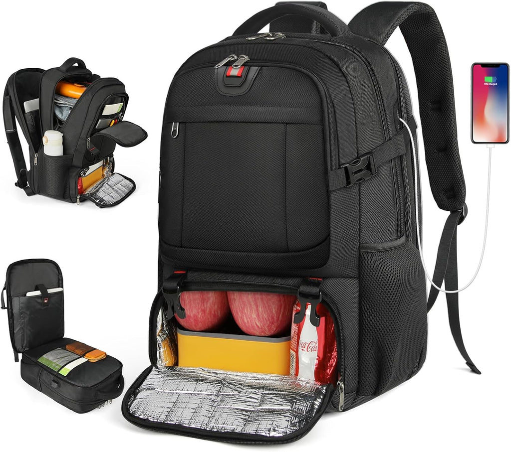 Black travel backpack with open insulated lunch compartment and front organizer pocket
