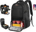 Black travel backpack with open insulated lunch compartment and front organizer pocket
