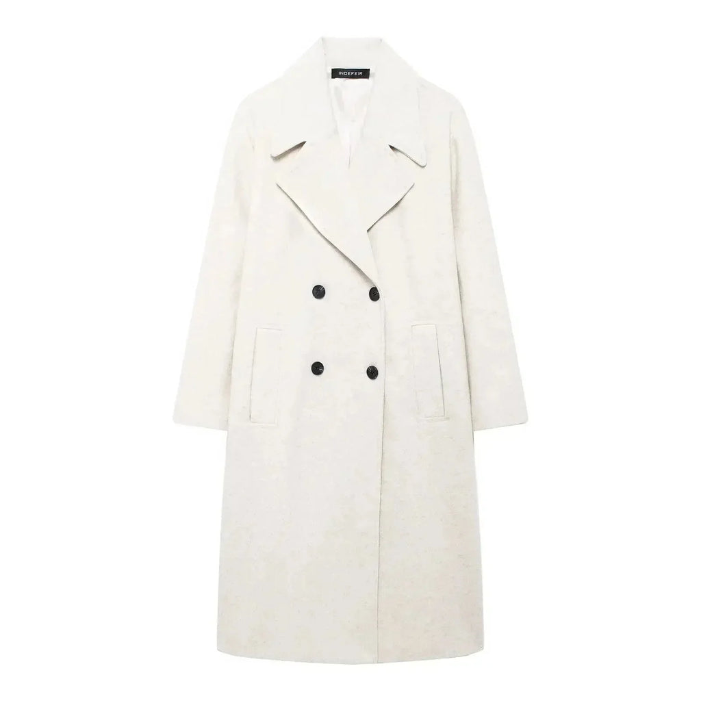 Women's winter coat in off-white with long sleeves, double-breasted button front