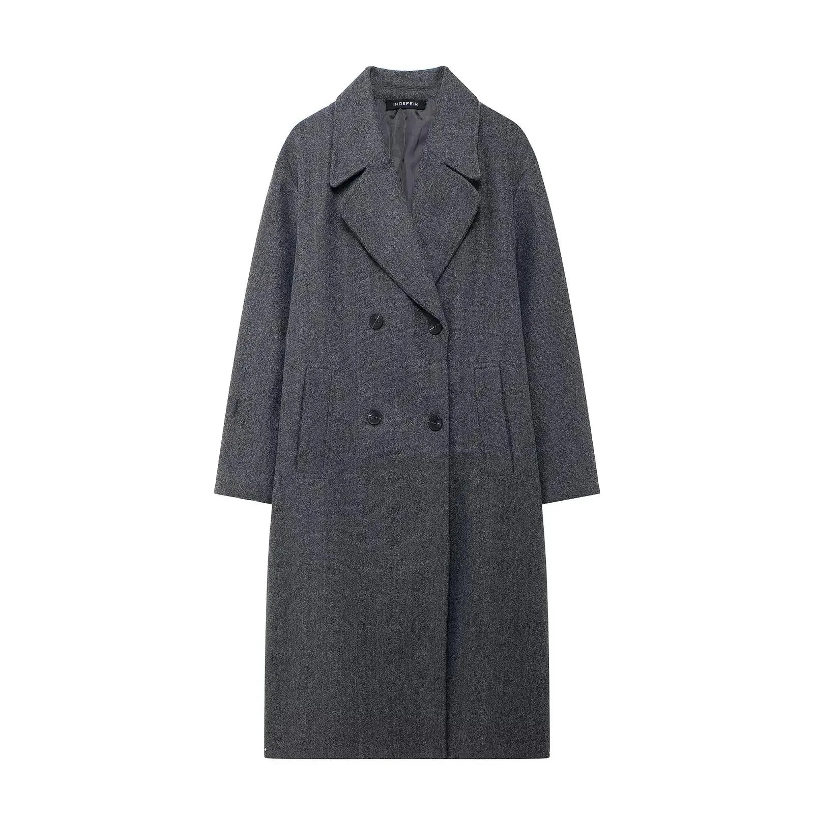 Women's winter coat in charcoal gray with notched lapels and double-breasted closure