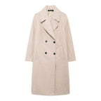 Women's winter coat in light beige with wide lapels and double-breasted button front
