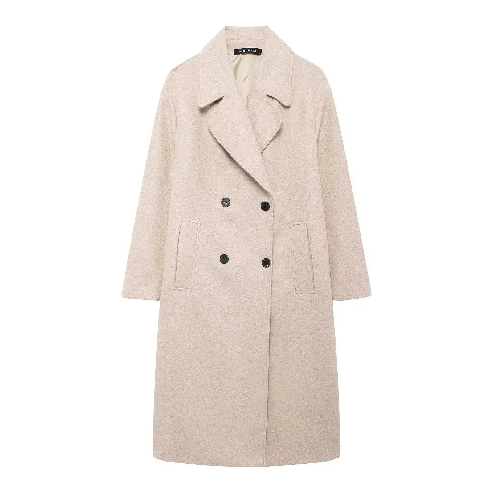 Women's winter coat in light beige with wide lapels and double-breasted button front