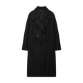 Women's winter coat in black with wide notched lapels and double-breasted buttons