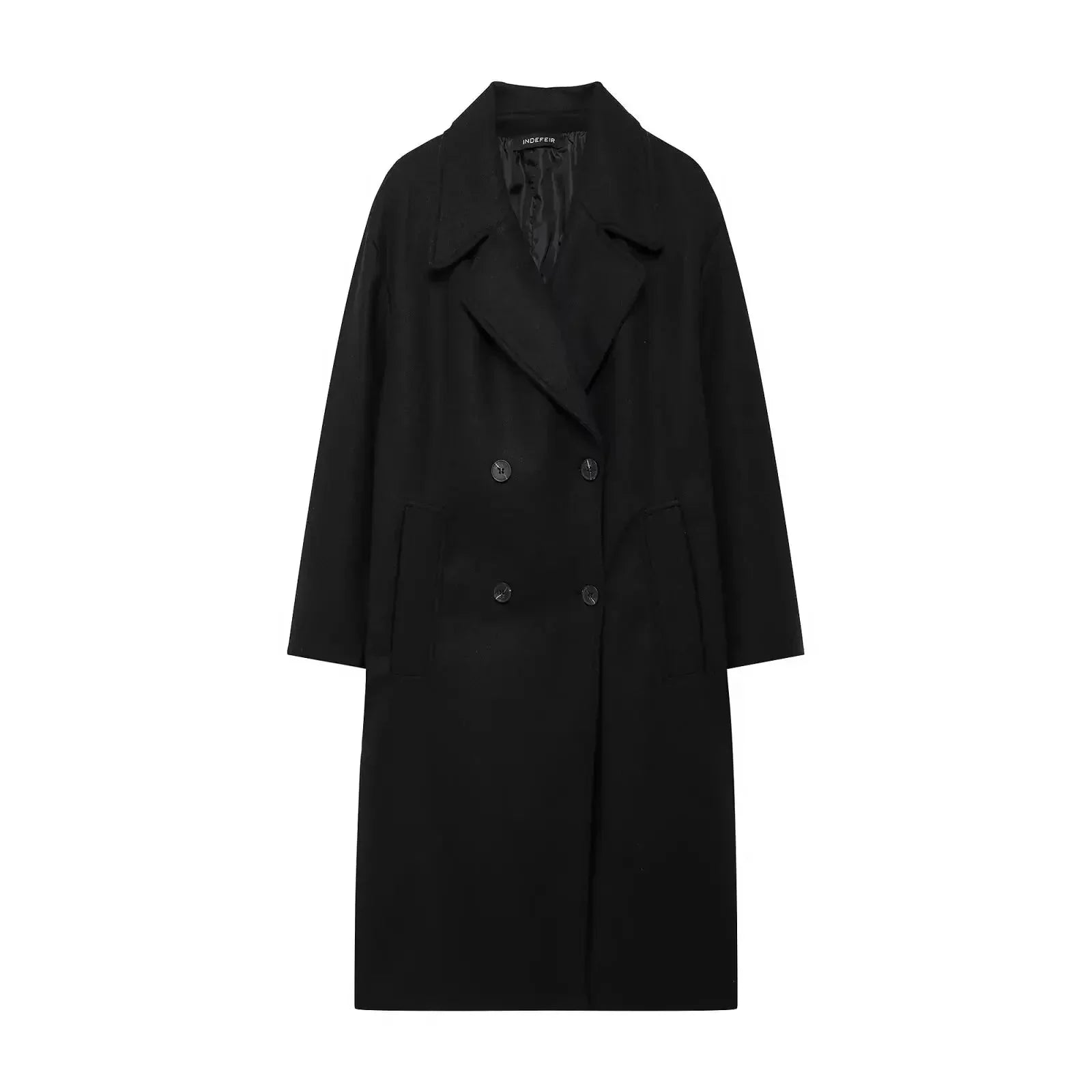 Women's winter coat in black with wide notched lapels and double-breasted buttons