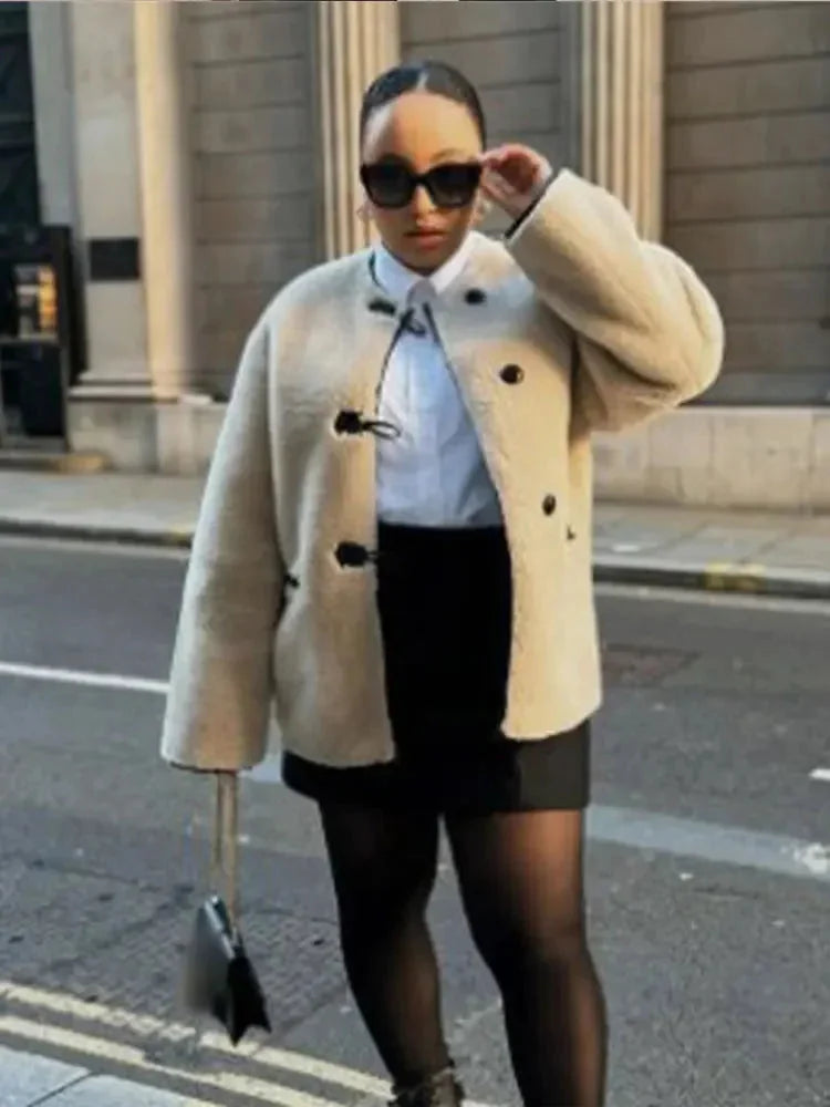 Light beige women's toggle coat with structured collar and double-breasted front