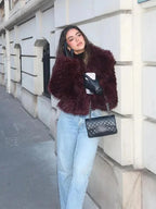 Women’s Burgundy Faux Fur Coat - Oversized Lapel Collar Winter Jacket