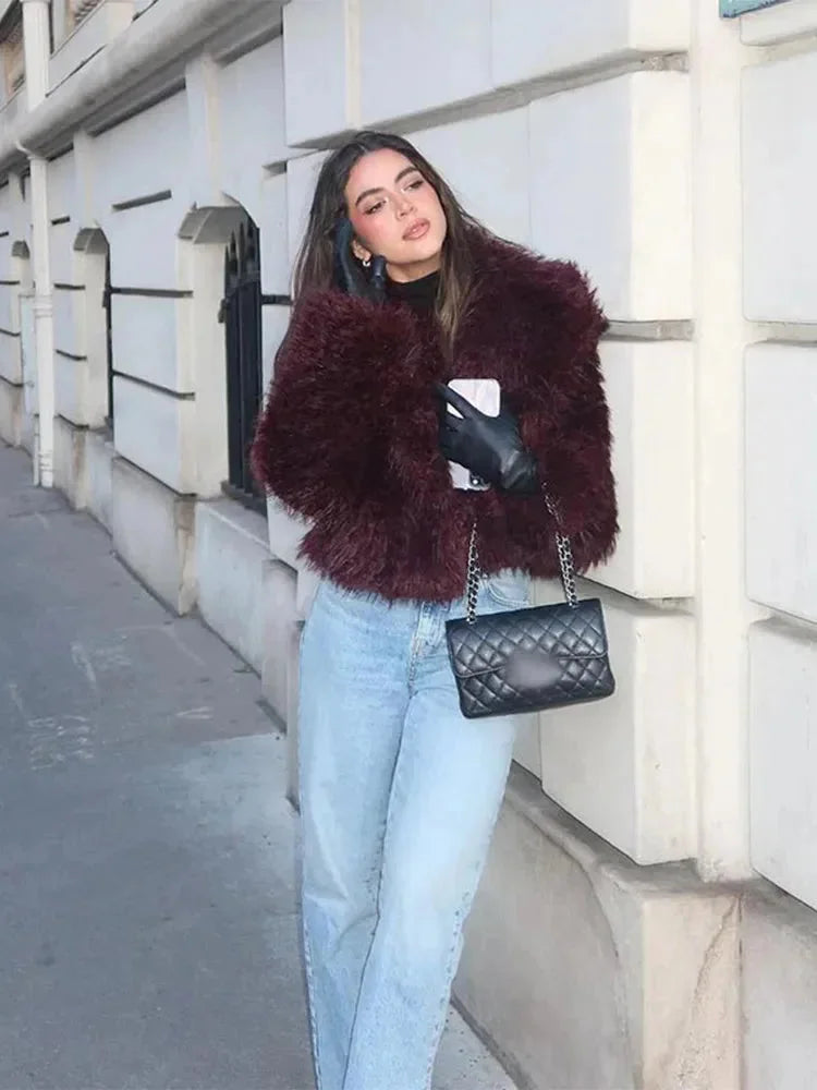 Women’s Burgundy Faux Fur Coat - Oversized Lapel Collar Winter Jacket