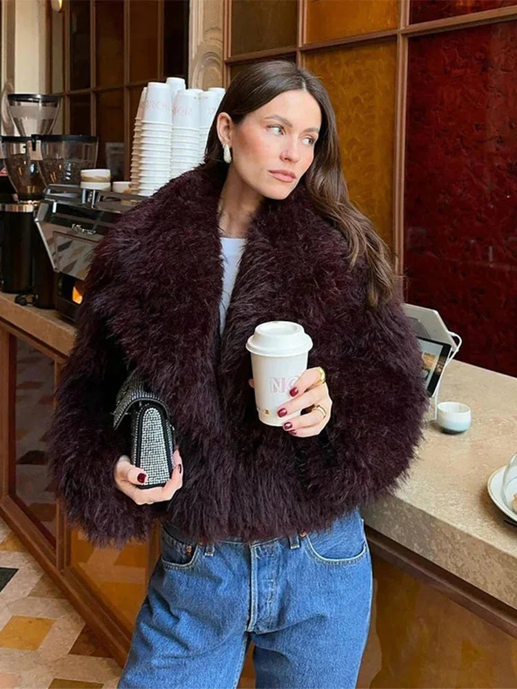 Women’s Burgundy Faux Fur Coat - Oversized Lapel Collar Winter Jacket