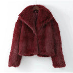 Women’s Burgundy Faux Fur Coat - Oversized Lapel Collar Winter Jacket