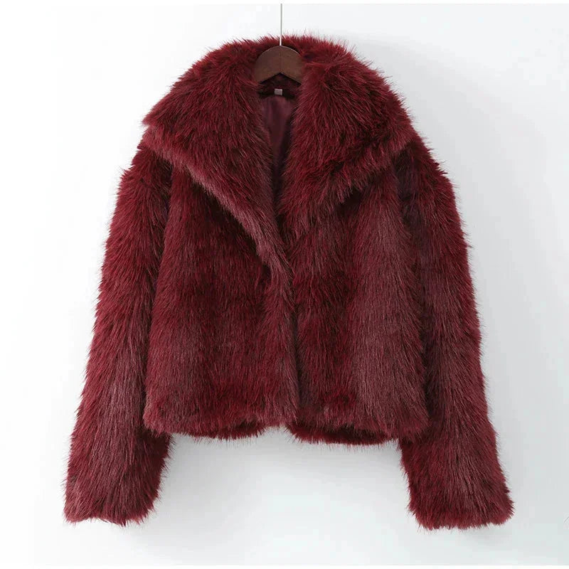 Women’s Burgundy Faux Fur Coat - Oversized Lapel Collar Winter Jacket