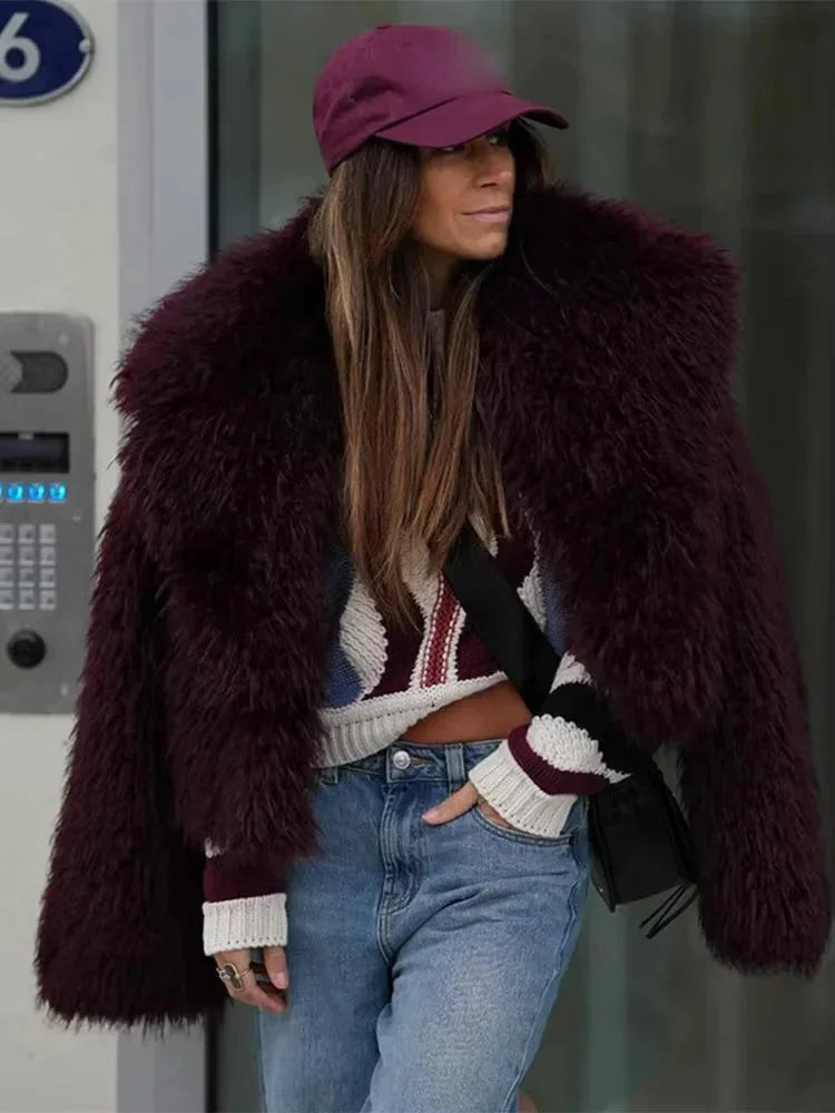 Women’s Burgundy Faux Fur Coat - Oversized Lapel Collar Winter Jacket