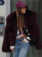 Women’s Burgundy Faux Fur Coat - Oversized Lapel Collar Winter Jacket