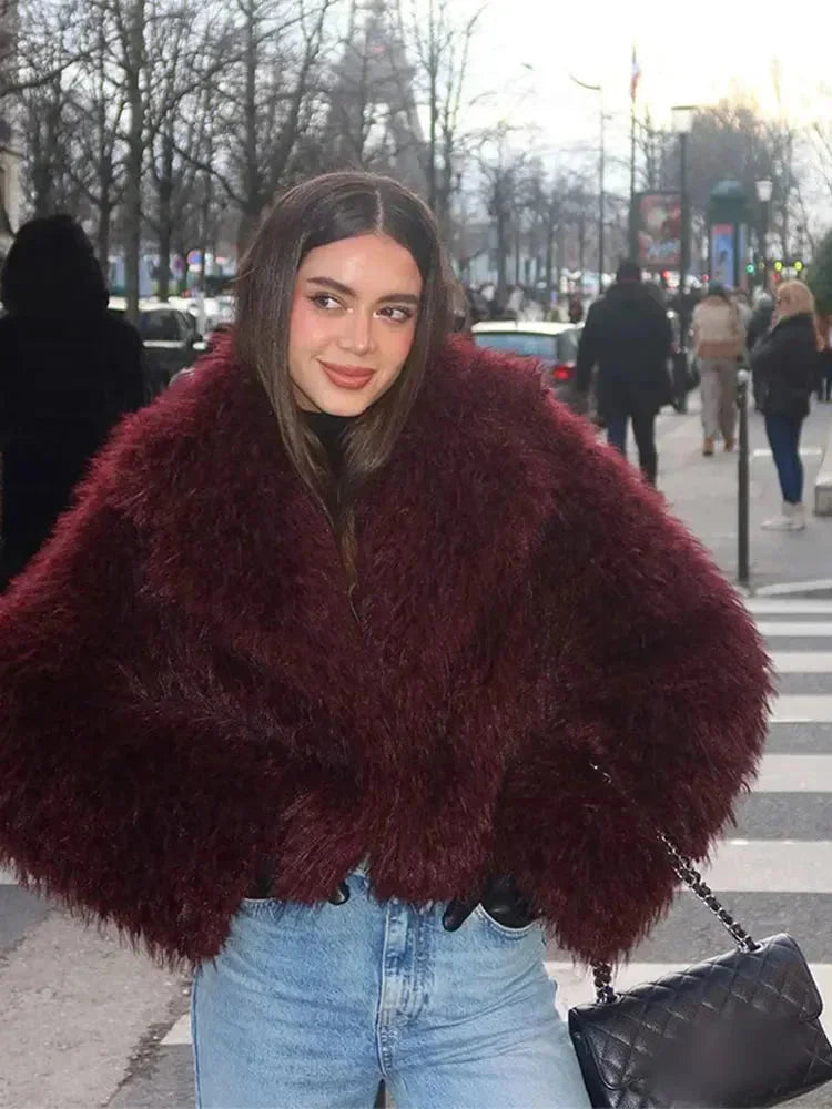 Women’s Burgundy Faux Fur Coat - Oversized Lapel Collar Winter Jacket