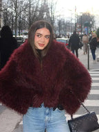 Women’s Burgundy Faux Fur Coat - Oversized Lapel Collar Winter Jacket