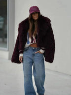 Women’s Burgundy Faux Fur Coat - Oversized Lapel Collar Winter Jacket