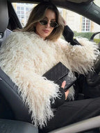 Women’s Beige Faux Fur Coat - Long Sleeve Plush Winter Jacket