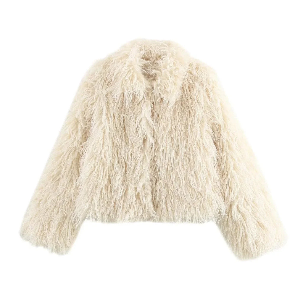 Women’s Beige Faux Fur Coat - Long Sleeve Plush Winter Jacket