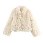 Women’s Beige Faux Fur Coat - Long Sleeve Plush Winter Jacket