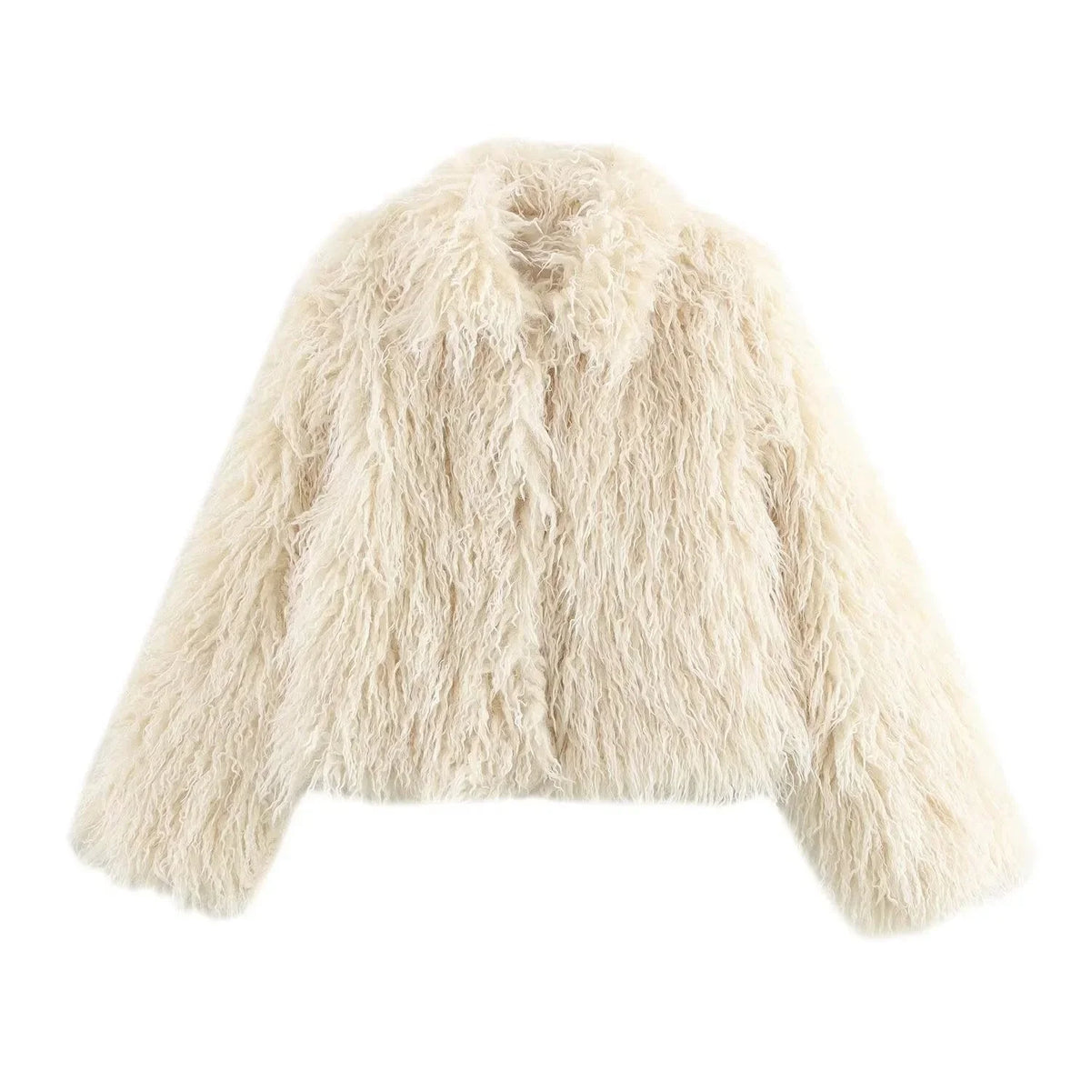Women’s Beige Faux Fur Coat - Long Sleeve Plush Winter Jacket