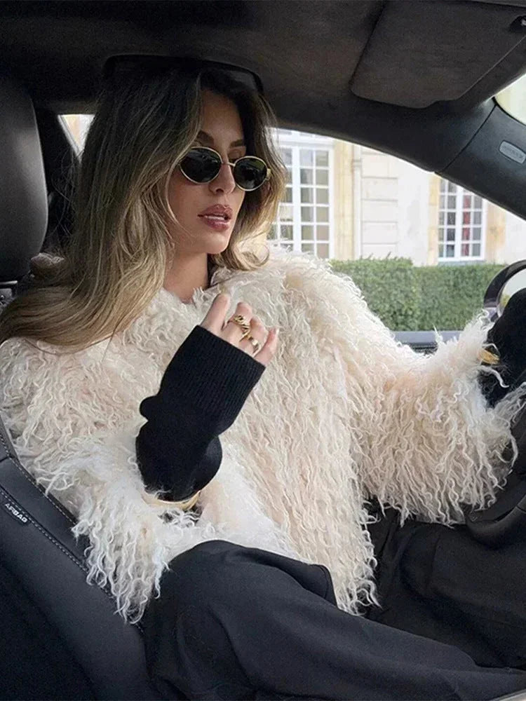 Women’s Beige Faux Fur Coat - Long Sleeve Plush Winter Jacket