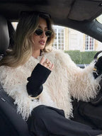 Women’s Beige Faux Fur Coat - Long Sleeve Plush Winter Jacket