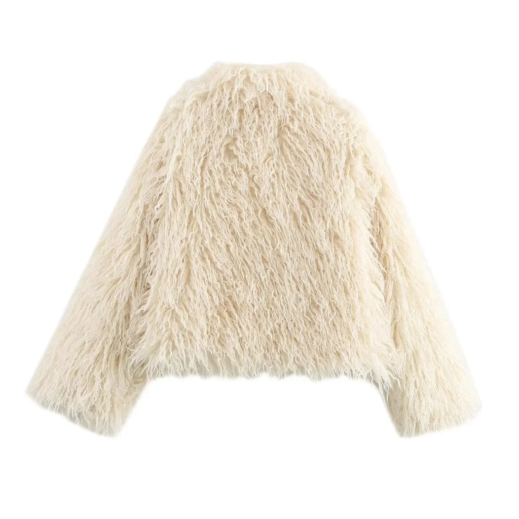 Women’s Beige Faux Fur Coat - Long Sleeve Plush Winter Jacket
