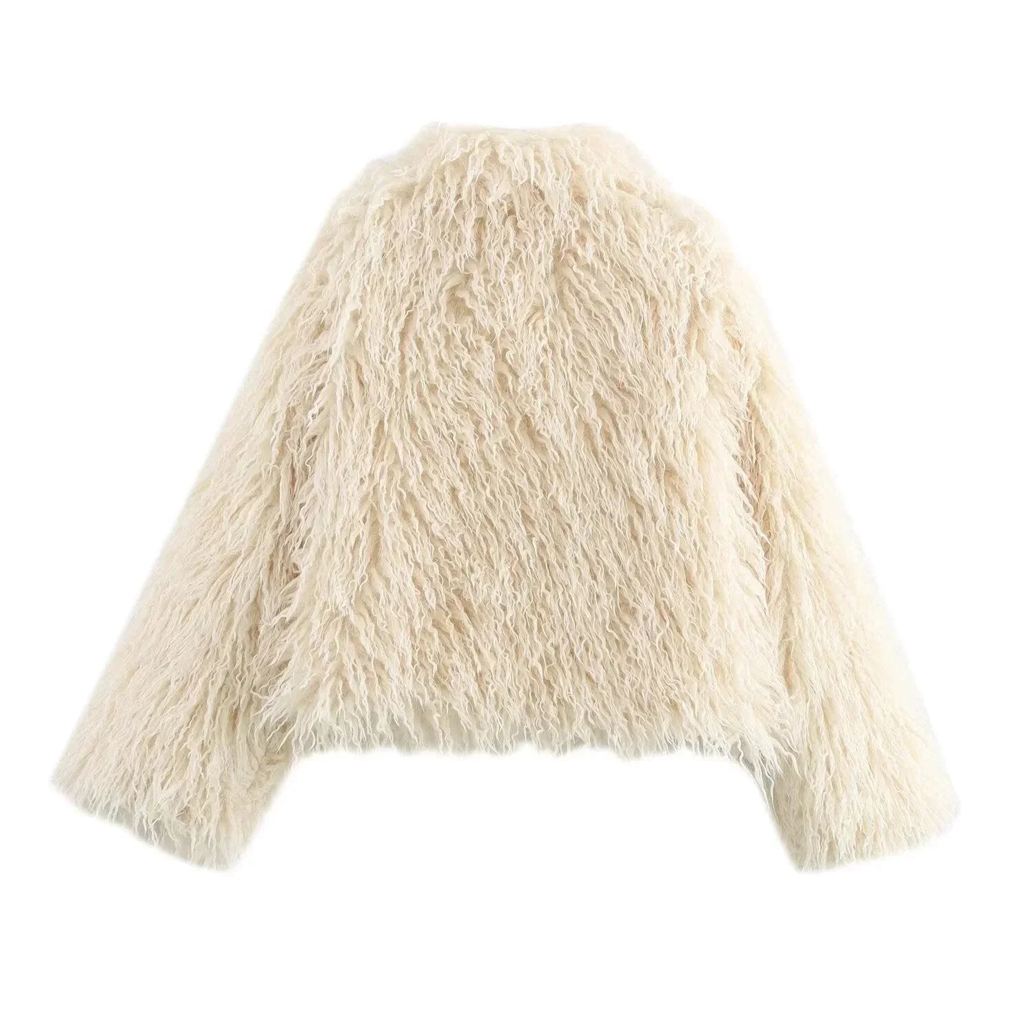 Women’s Beige Faux Fur Coat - Long Sleeve Plush Winter Jacket