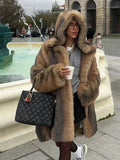 Women’s Long Hooded Puffer Coat - Brown Fleece-Lined Winter Parka Jacket