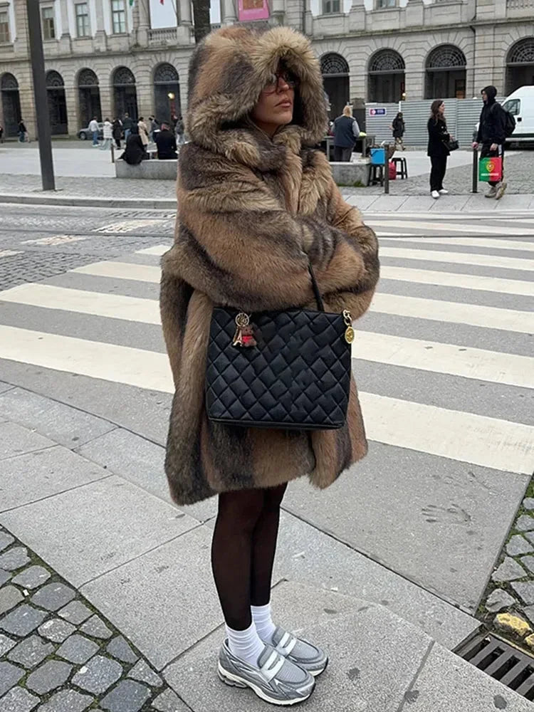 Women’s Long Hooded Puffer Coat - Brown Fleece-Lined Winter Parka Jacket