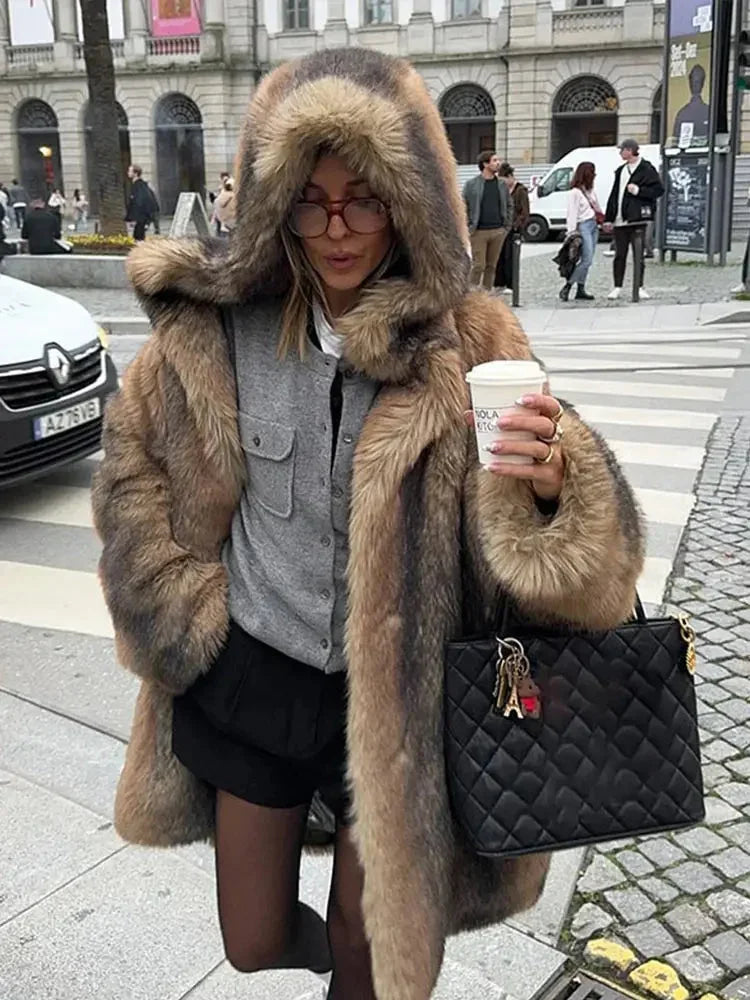 Women’s Long Hooded Puffer Coat - Brown Fleece-Lined Winter Parka Jacket