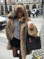 Women’s Long Hooded Puffer Coat - Brown Fleece-Lined Winter Parka Jacket