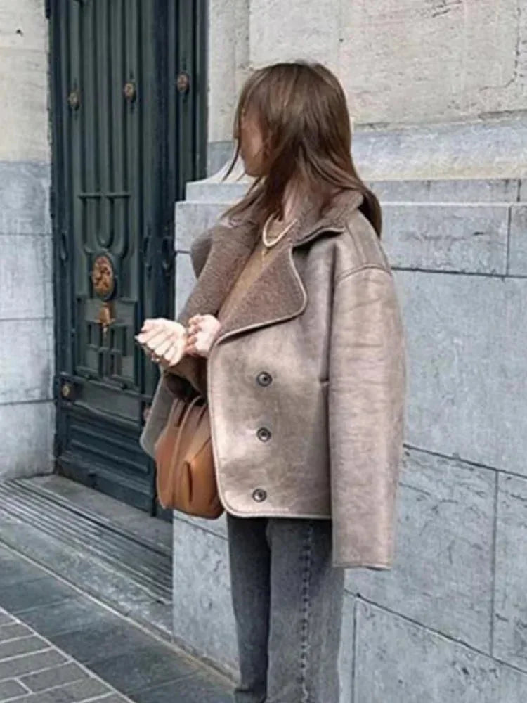 Women’s mauve teddy-collar coat with button front and wide lapels