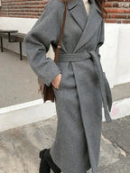 Long women's belted coat with notched collar, heather gray, relaxed fit
