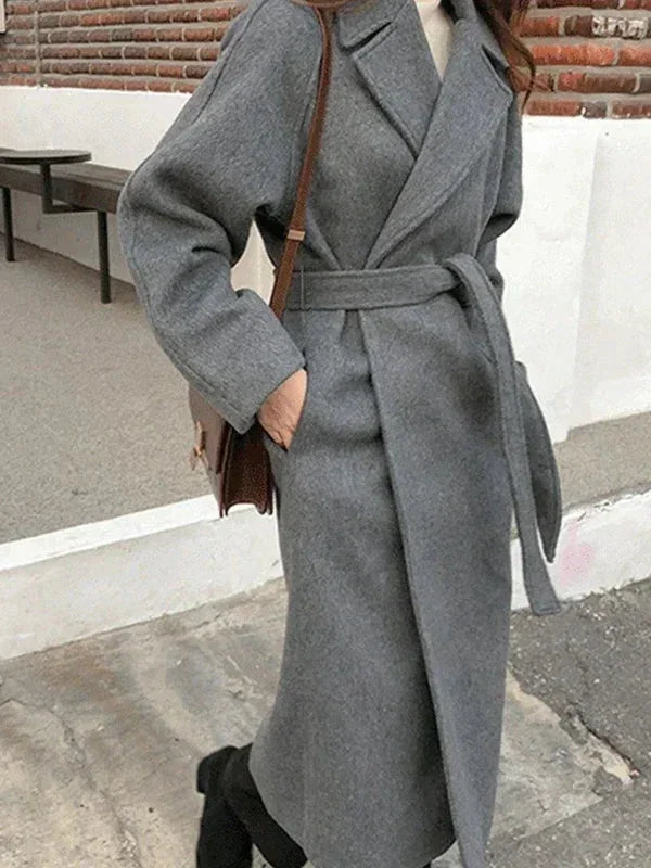 Long women's belted coat with notched collar, heather gray, relaxed fit