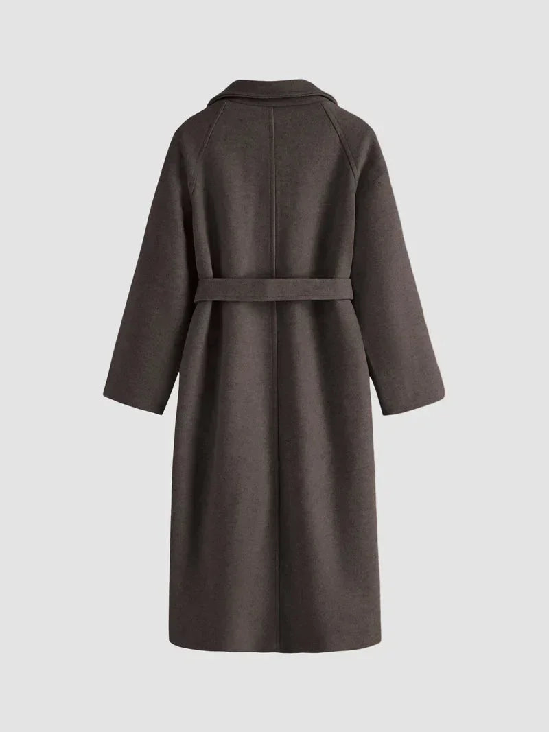 Long women's coat with belt and wide notched collar, dark brown, long sleeves